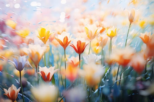 Blooming Tulips in a Colorful Spring Meadow: Captivating Beauty and Freshness, with Vibrant Red and Pink Floral Wonderland Against a Bright Green Background