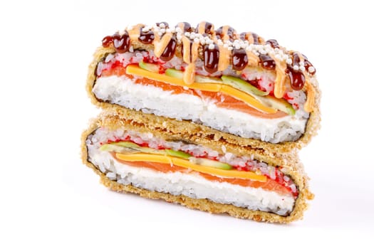 appetizing fresh sushi burgers on white background for food delivery site 9