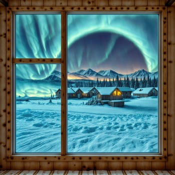 Fantastic view from the window of a wooden house in the mountains. AI generated