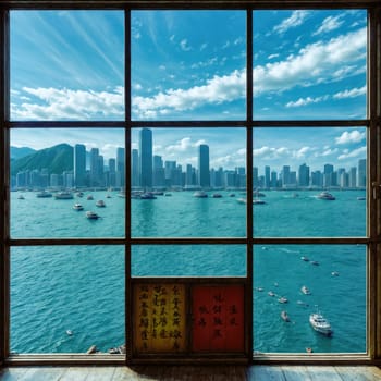 View from the window of Hong Kong harbor. AI generated