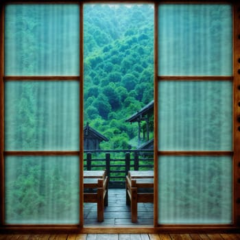 Beautiful view of the mountains through the window of a wooden house. AI generated