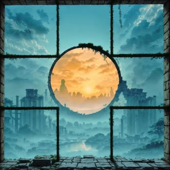 Sunset over the antique city through the window,AI generated.
