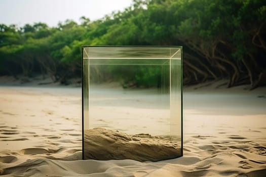 Glass cube on the sand. Search for meaning.