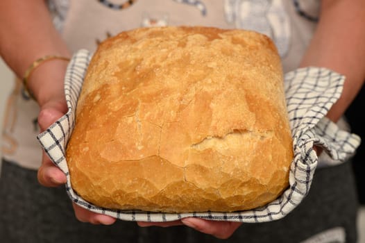 freshly baked bread at home in the hands of a woman in the kitchen 2