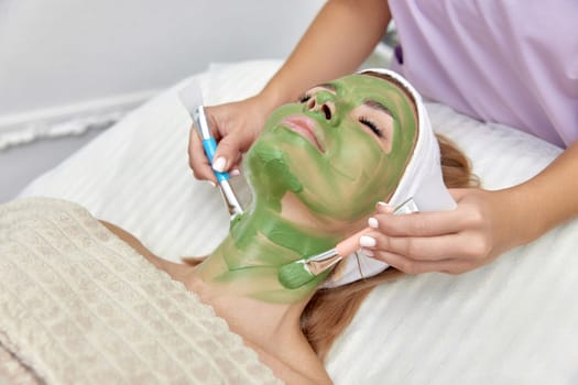 female beautician applies the mask to the face of beautiful woman in the spa salon. facial skin care