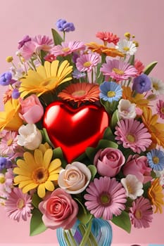 Colorful bouquet of flowers in a vase on background.Bouquet of colorful flowers in a vase with a heart.Bouquet of colorful flowers with a heart on a background.Bouquet of colorful flowers with heart shaped frame on background.Valentines day card.