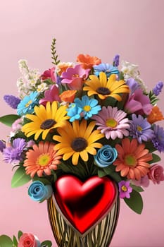 Colorful bouquet of flowers in a vase on background.Bouquet of colorful flowers in a vase with a heart.Bouquet of colorful flowers with a heart on a background.Bouquet of colorful flowers with heart shaped frame on background.Valentines day card.