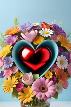 Colorful bouquet of flowers in a vase on background.Bouquet of colorful flowers in a vase with a heart.Bouquet of colorful flowers with a heart on a background.Bouquet of colorful flowers with heart shaped frame on background.Valentines day card.