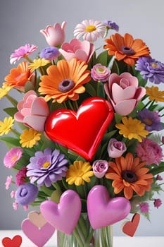 Colorful bouquet of flowers in a vase on background.Bouquet of colorful flowers in a vase with a heart.Bouquet of colorful flowers with a heart on a background.Bouquet of colorful flowers with heart shaped frame on background.Valentines day card.