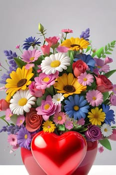 Colorful bouquet of flowers in a vase on background.Bouquet of colorful flowers in a vase with a heart.Bouquet of colorful flowers with a heart on a background.Bouquet of colorful flowers with heart shaped frame on background.Valentines day card.