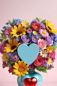 Colorful bouquet of flowers in a vase on background.Bouquet of colorful flowers in a vase with a heart.Bouquet of colorful flowers with a heart on a background.Bouquet of colorful flowers with heart shaped frame on background.Valentines day card.