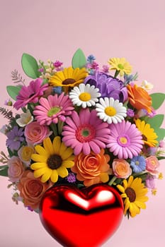 Colorful bouquet of flowers in a vase on background.Bouquet of colorful flowers in a vase with a heart.Bouquet of colorful flowers with a heart on a background.Bouquet of colorful flowers with heart shaped frame on background.Valentines day card.