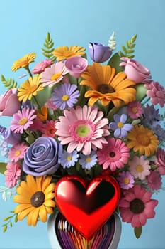 Colorful bouquet of flowers in a vase on background.Bouquet of colorful flowers in a vase with a heart.Bouquet of colorful flowers with a heart on a background.Bouquet of colorful flowers with heart shaped frame on background.Valentines day card.