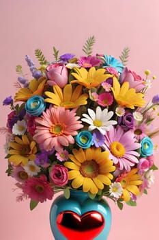 Colorful bouquet of flowers in a vase on background.Bouquet of colorful flowers in a vase with a heart.Bouquet of colorful flowers with a heart on a background.Bouquet of colorful flowers with heart shaped frame on background.Valentines day card.