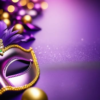Close-up of the carnival mask and beads for the festive Mardi Gras masquerade on a purple background. The carnival of fat Tuesday with a traditional decor a place for the text on the right.