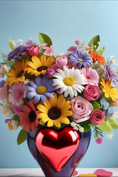 Colorful bouquet of flowers in a vase on background.Bouquet of colorful flowers in a vase with a heart.Bouquet of colorful flowers with a heart on a background.Bouquet of colorful flowers with heart shaped frame on background.Valentines day card.