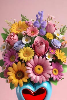 Colorful bouquet of flowers in a vase on background.Bouquet of colorful flowers in a vase with a heart.Bouquet of colorful flowers with a heart on a background.Bouquet of colorful flowers with heart shaped frame on background.Valentines day card.