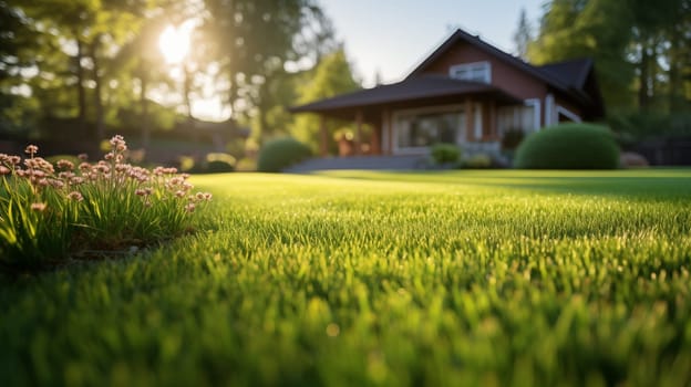 Vibrant evening light over a lush green lawn with flowering plants in the foreground.