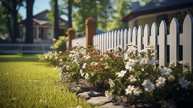 Cozy suburban home with a classic white picket fence and vibrant flowerbeds under the shade of mature trees.