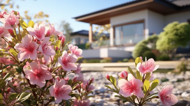 Stylish home with large windows, surrounded by a lush azalea garden in the golden hour light.