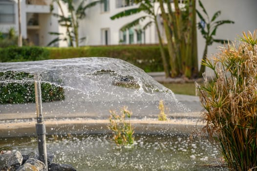 a fountain sprays water against the backdrop of a residential complex near the sea 7