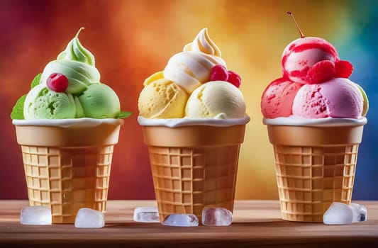 Three cups with various soft ice cream are on the table, delicious ice cream in paper cups packaging templates collection of layouts.
