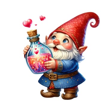 Valentines gnome, love Nordic gnome, Scandinavian gnomes, Watercolor cute valentines day postcard. Vellichor.