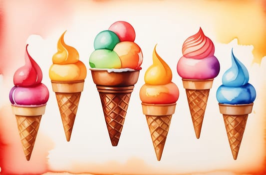 A set of watercolor waffle cones on a multicolored background.