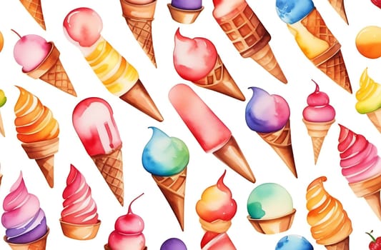 A set of different ice cream balls in waffle cones, isolated on a white background, watercolor style.
