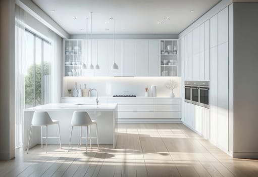 A modern kitchen design with a bright and clean white theme. The kitchen boasts high-gloss white cabinetry that reflects the natural light. High quality photo