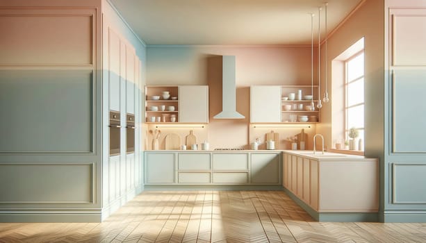 interior of a contemporary house kitchen in pastel colors. The scene should depict a modern and stylish kitchen design. High quality photo