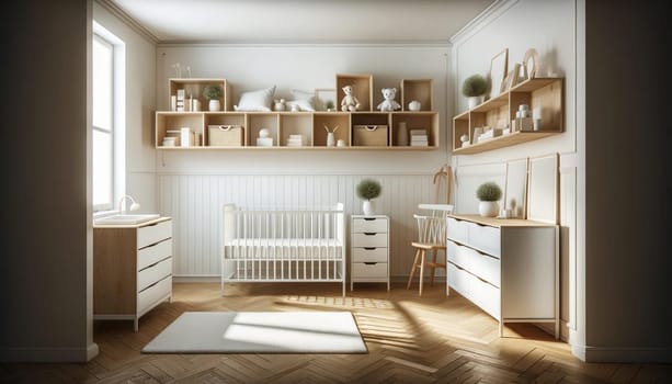 interior of a spacious baby's room in a modern apartment, featuring a white crib and dresser and wooden shelves. High quality photo