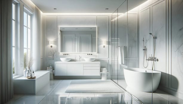 A serene and elegant bathroom in a contemporary style, designed predominantly in white. The bathroom features a beautiful white freestanding bath. High quality photo