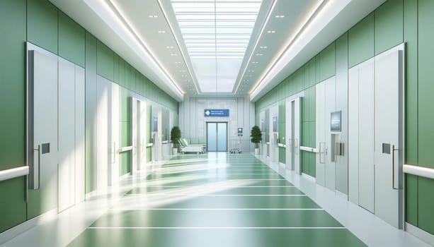 interior of an empty white hallway in a modern, bright hospital with green walls. The scene should depict a clean. High quality photo