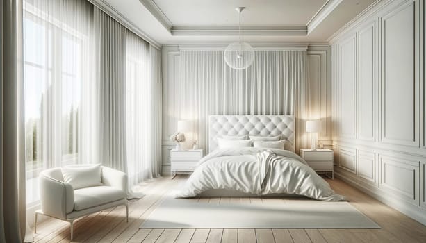 A chic and tranquil bedroom in a modern apartment, styled in predominantly white tones. The room features a luxurious bed with soft. High quality photo