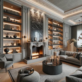 A chic, expensive interior of a luxurious country house with a modern design, featuring a living room with a marble wall fireplace. High quality photo