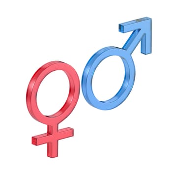 Red female and blue male gender symbols, isolated on white background