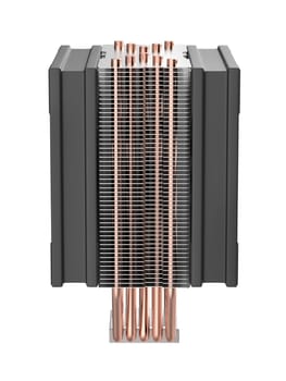 Side view of processor air cooler with two fans and five copper heat pipes