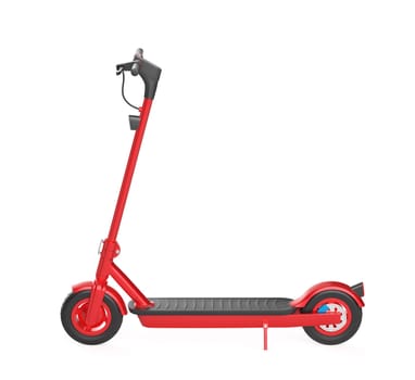 Side view of red electric scooter on white background