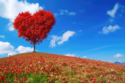 red tree of love in red flower field pragma