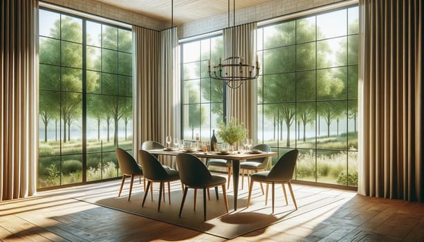 dining room set for four, with a view of trees out of large windows. The scene should capture a peaceful and elegant dining. High quality photo