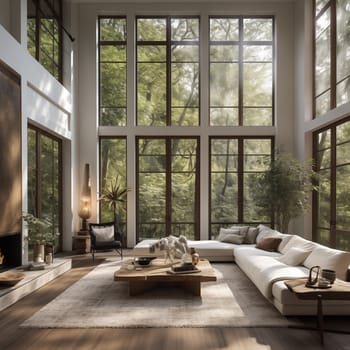 Living room with many windows . High quality photo