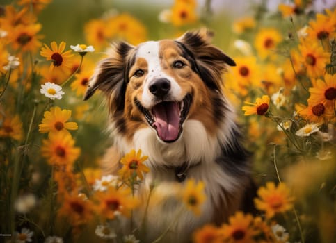 Happy Canine Companion Enjoying a Playful Summer Day in the Green Meadow with Colorful Flowers