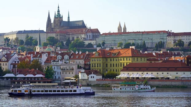 Czech Republic, Prague, September 2023: View from Charles Bridge to Prague Castle and St. Vitus Cathedral.