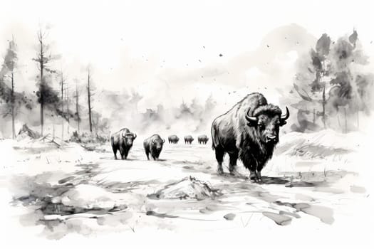 Powerful American Bison Bull in Winter Wonderland: Majestic Herd Grazing in Yellowstone National Park
