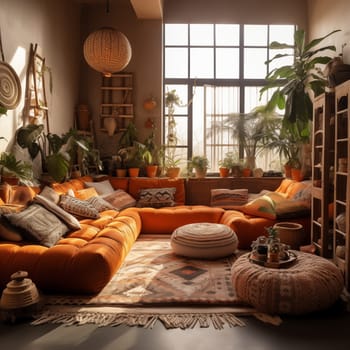 Home interior with ethnic boho decoration, living room in brown warm color. High quality photo