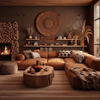 Home interior with ethnic boho decoration, living room in brown warm color. High quality photo