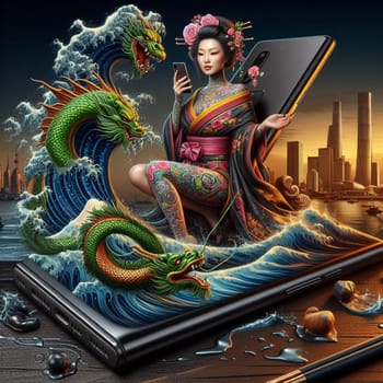 traditional asian woman wear kimono silky dress dance with dragon in chinese new year, background shanghai city skyline come out of phone screen on a desk