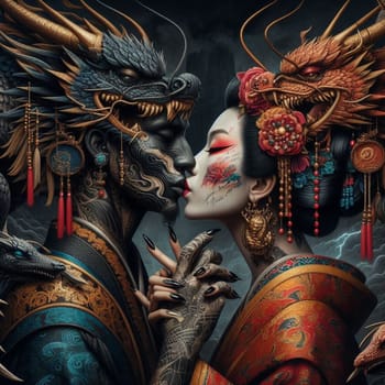 A tatooed woman geisha confronting a fierce male golden dragon snake, surreal art for chinese new year celebration, valentines or muertos halloween darl fantasy sceneAI generated