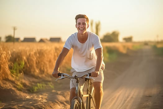 A young European man rides a bicycle along a country road past a wheat field, smiles happily and greets the dawn.